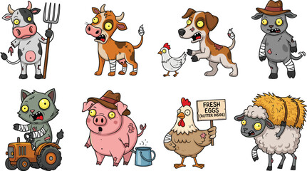 Funny zombie farm animals, cartoon undead cow, dog, pig, chicken, sheep, cat, tractor, fresh eggs sign, hay bale, spooky farm creatures, Halloween themed illustrations