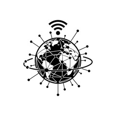 Global network connectivity, symbolized by a stylized Earth encircled by interconnected nodes and a Wi-Fi signal.