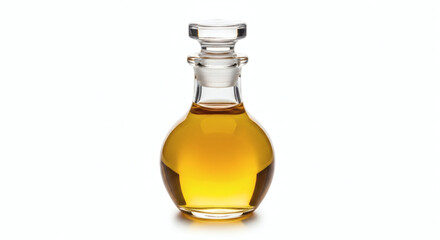 A clear glass bottle with a round body and a clear stopper filled with a golden liquid on white