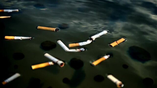 Multiple generic cigarette butts scattered on water with dark river stones beneath the surface. The water is slightly rippled under daylight.