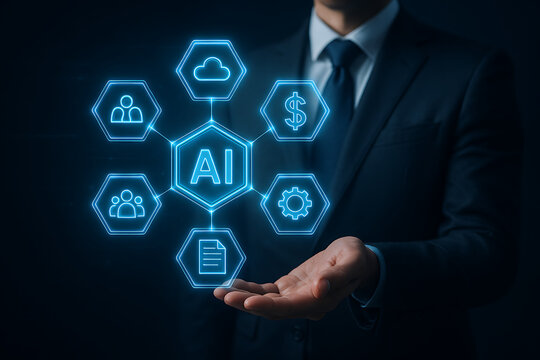 AI business and management, artificial intelligence concept with an AI hexagon surrounded by icons representing different business functions