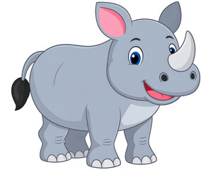 Obraz premium Cute Light Gray Cartoon Rhinoceros with Friendly Smile, standing front view, isolated on transparent background PNG
