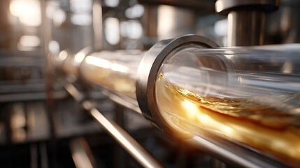 Close up view of amber liquid flowing through clear glass pipe in industrial setting