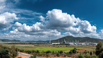 Industrial complex with large towers and smokestack situated in  valley under  cloudy blue sky