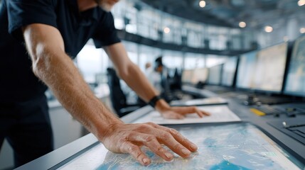 Man's hands gesture across  large touch screen displaying  map with blurred control room monitors in  background