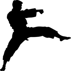 silhouette of a pencak silat athlete jumping and striking mid-air with double fists
