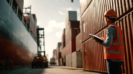 logistician in  hard hat and reflective vest reviews  tablet amidst stacked shipping containers at  port beside  cargo ship