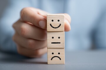 Hand holding wooden blocks with smiley face icons representing customer satisfaction. Concept for feedback evaluation, mood expression and service quality assessment
