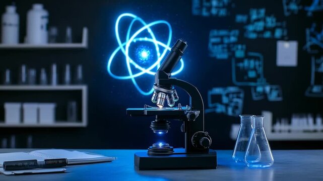 A microscope in a laboratory setting, with a glowing atom symbol, and beakers