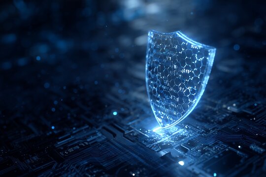 Glowing digital shield on circuit board background with abstract data protection design. Concept for network security, antivirus software and firewall implementation