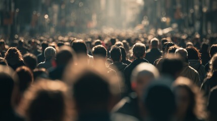 A dense crowd of people walking down a sunlit city street in a blurry background. Concept for urban lifestyle, population growth and social gathering