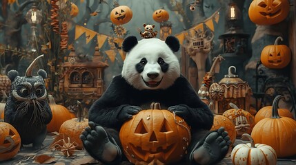 Panda Halloween Fun - Panda with pumpkins and Halloween decorations.