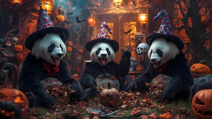 Panda Halloween Party - Three pandas in witch hats celebrating Halloween with pumpkins and skulls.