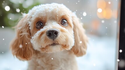 Dog looking through window from snowy outdoors
