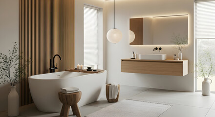 Japandi Interior Design A serene bathroom featuring minimalist design and natural elements