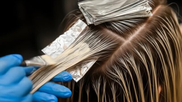 Hair highlighting process: Stylist applying bleach to blonde hair with foil highlights