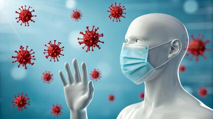 Mannequin wearing a face mask waves away virus particles for health safety video