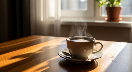 Obraz premium Morning Coffee Steam A Cozy Moment by the Window