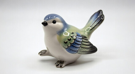 Close up shot of a ceramic bird figurine with blue head and wings on a white background surface