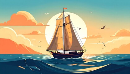 Sailboat sailing on the ocean at sunset with seagulls flying.