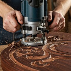  a power router tool in use, carving an intricate design into a dark piece of wood, generating wood shavings. Focus is on the tool and the intricate detail.
