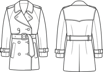Trench coat fashion flat, front and back view, technical drawing template, women’s outerwear sketch, coat design illustration, stylish belted jacket, clothing vector
