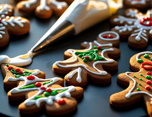 Gingerbread cookies and fir tree branch. Christmas holiday card on rown table wood. ginger bread christmas