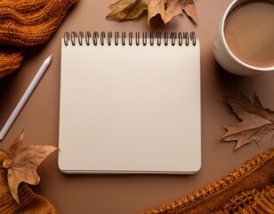 Top view flat lay of spiral notepad with blank pages, cup of coffee, autumn leaves, pencil, and warm knitted sweater, creating a cozy seasonal workspace or journaling scene