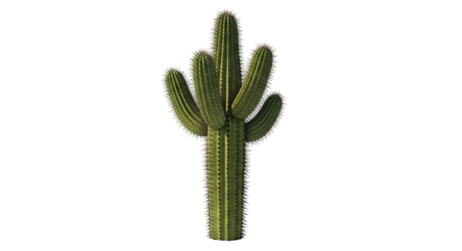 A single green cactus plant isolated on transparent background, showcasing its botanical details and sharp spines in a natural and decorative style