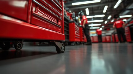 A vibrant workspace featuring mechanics and mobile tool cabinets inside a repair facility