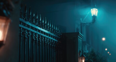 Obraz premium Dark, foggy night at a wrought iron fence. Foggy streetlamp