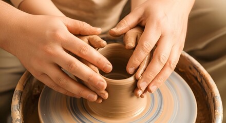 Close-up of hands shaping clay on a pottery wheel, creating a small pot.