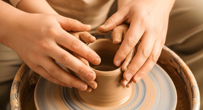 Close-up of hands shaping clay on a pottery wheel, creating a small pot. - Powered by Adobe