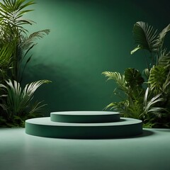 Empty Pedestal with Tropical Leaves and Glowing Green Gradient Background