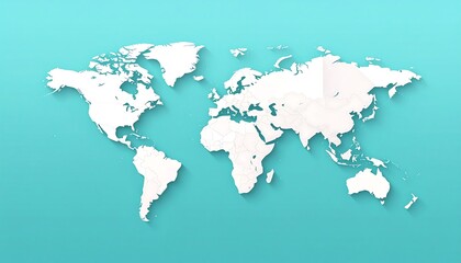 Obraz premium A simple, flat world map, white outline on a light teal background. Paper-cut style