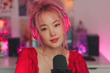Fototapeta premium Woman streamer with pink hair and headphones