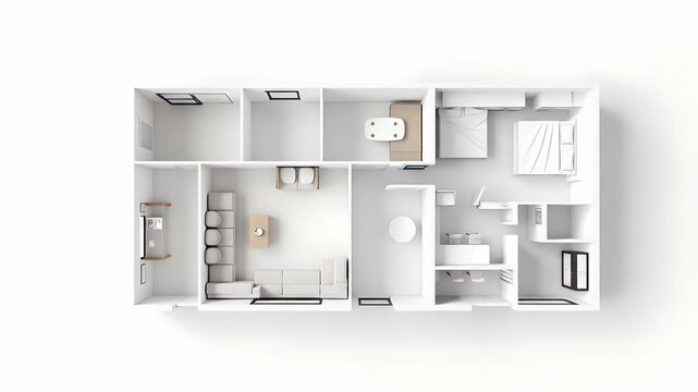 3D floor plan render of modern apartment layout with furniture placement, minimalist interior design, architectural visualization, clean white background