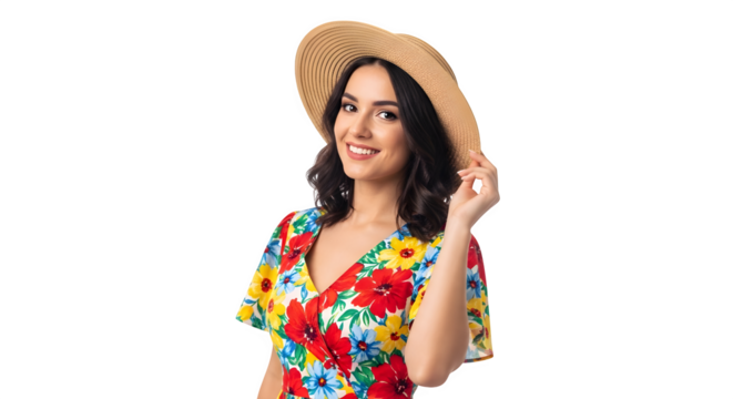 Smiling woman in floral dress and straw hat poses against a