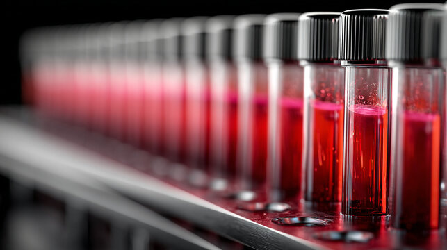 A close up view of a row of glass vials filled with a red liquid on a metal surface in a lab setting