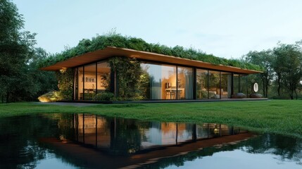 Fototapeta premium Harmonious living: a modern house seamlessly blends with its lush natural surroundings landscape