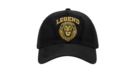 Black baseball cap featuring a golden lion and the word legend in a bold font style