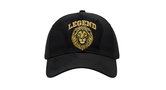 Black baseball cap featuring a golden lion and the word legend in a bold font style