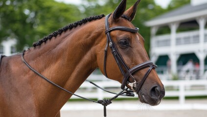 Brown horse with braided mane and tack