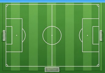 Detailed top-down aerial view of a lush green soccer pitch, a vector illustration of a standard football field with white markings ready for a game