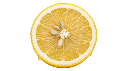 Fresh lemon slice showing juicy pulp and seeds against a stark