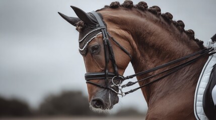 Dressage horse with braided mane and tack