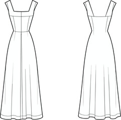 Women’s long dress flat sketch technical drawing, front and back views, square neckline, fitted bodice, wide straps, flowing skirt, fashion vector template, garment illustration design
