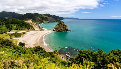 Scenic Coastal Drive with Turquoise Waters and Lush Greenery.