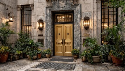 Naklejka premium Grand entrance of a building, with gold doors, stone facade, and potted plants