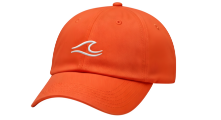 Bright orange baseball cap with a white wave logo against